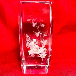 3-D laser etched‎ crystal paperweight/decoration-fairy with flowers